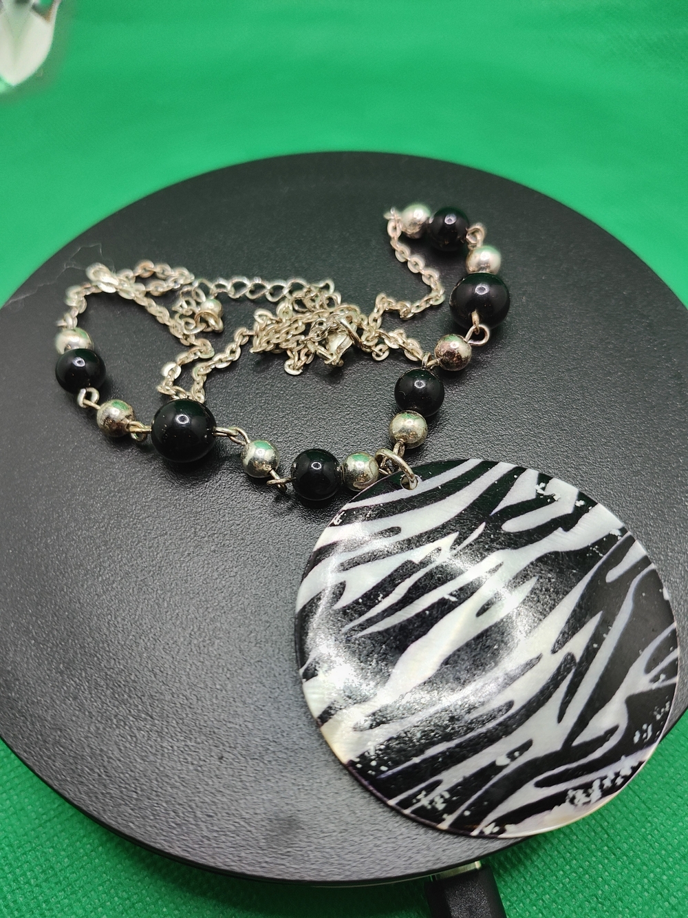 Zebra-Print Black & Silver Statement Pendant Necklace